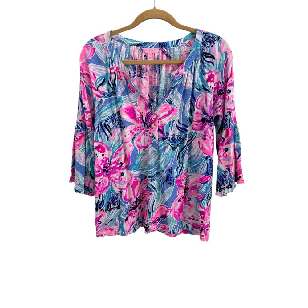Lilly Pulitzer Willa Blouse Pink Blue 100% Cotton Size Medium Tropical Floral
